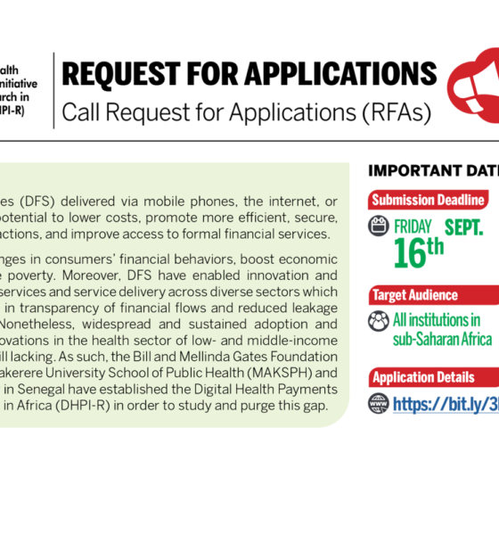 Digital Health Payment Initiative and Research in Africa (DHPI-R) Open Call for Request For Applications (RFAs). Deadline: 16th September 2022.