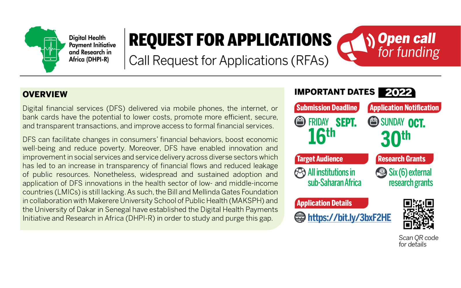 Digital Health Payment Initiative and Research in Africa (DHPI-R) Open Call for Request For Applications (RFAs). Deadline: 16th September 2022.