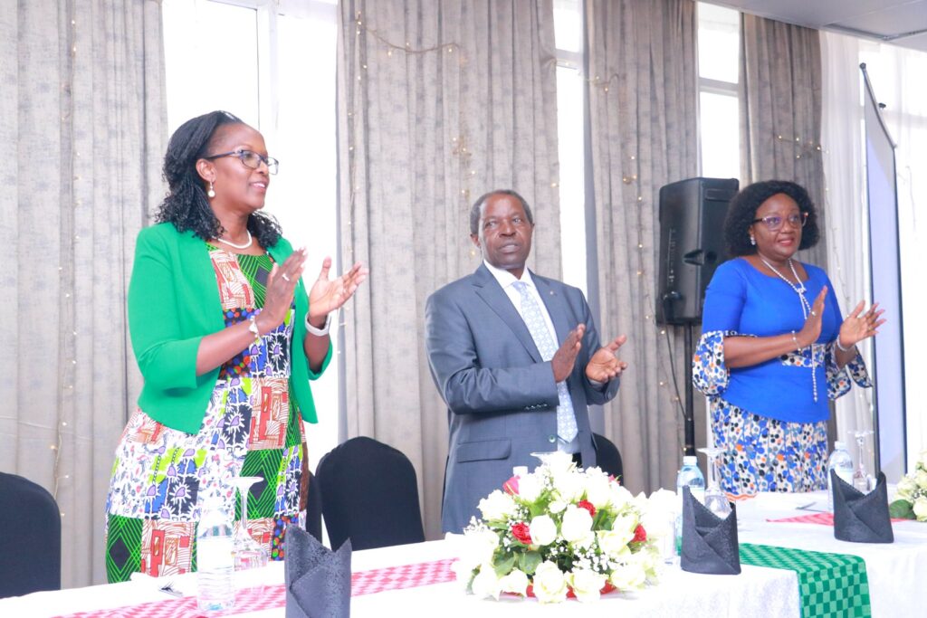 L-R: Chairperson Makerere University Council Mrs. Lorna Magara, Professor William Bazeyo and Professor Rhoda Wanyenze, the Dean, MakSPH.