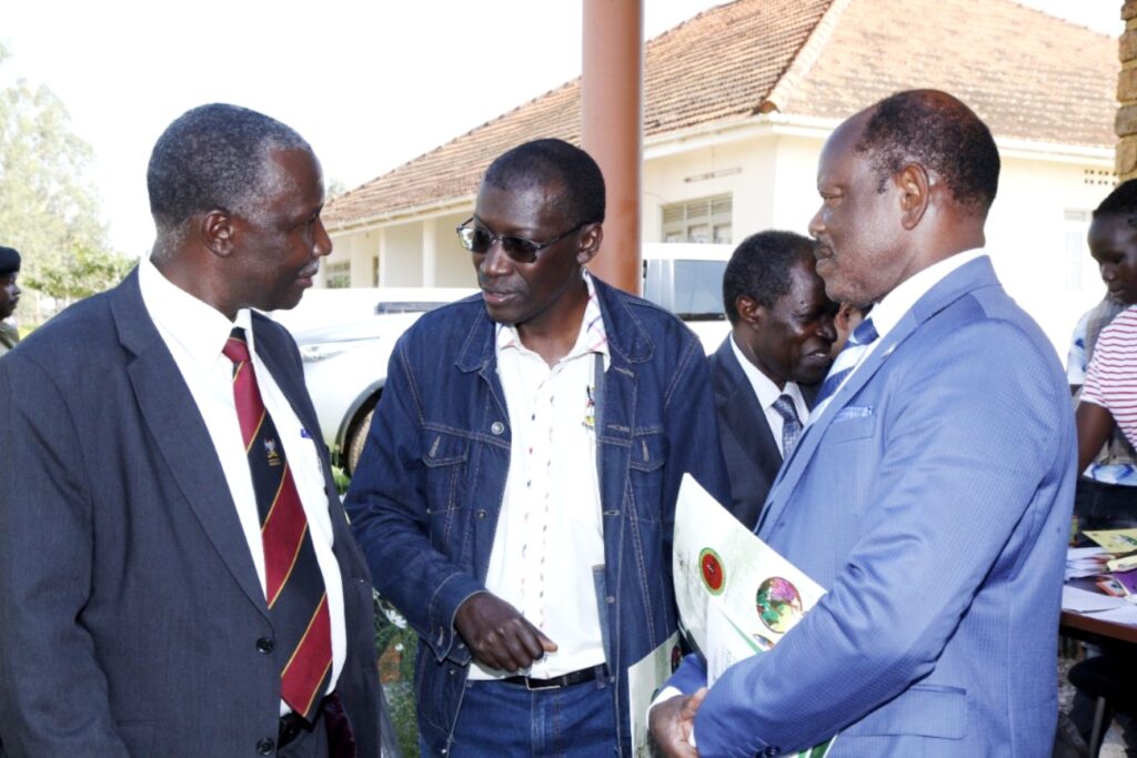 R-L: Prof. Barnabas Nawangwe, Prof. Frank Norbert Mwiine and Prof. Robert Tweyongyere deliberated on the sidelines of the event.