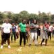 Prof. Sarah Ssali (R) together with other participants doing zumba dance, one of the activities at the launch of the Scholars Program Community Open Day on 30th July 2022, Rugby Grounds, Makerere University.