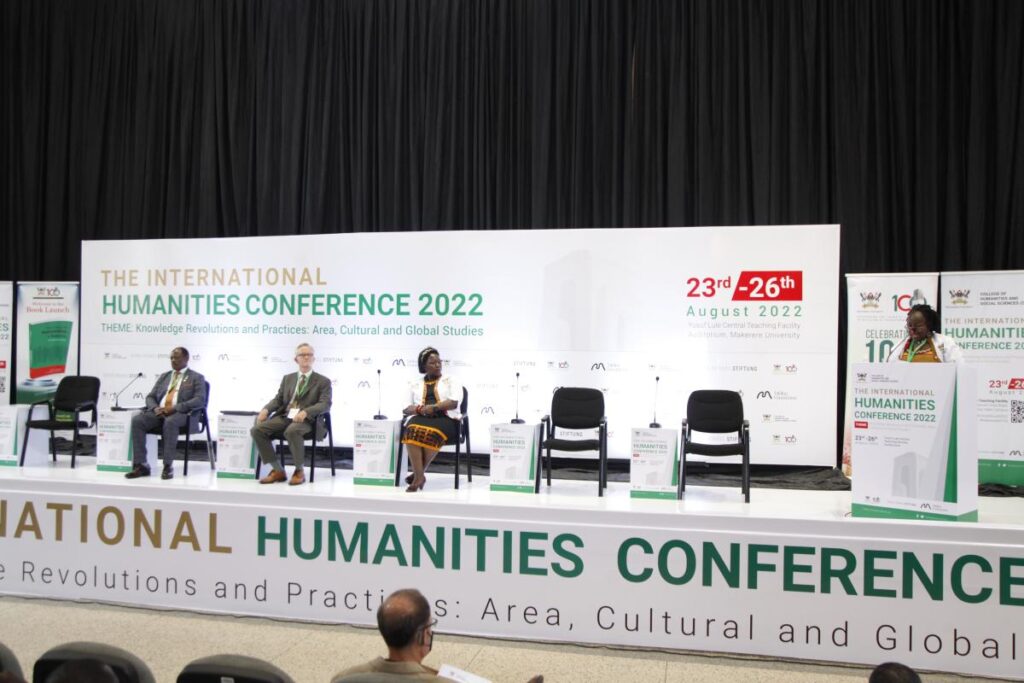 Prof. Grace Bantebya (R) makes her remarks as L-R: Prof. Barnabas Nawangwe, H.E. Matthias Schauer and Prof. Josephine Ahikire listen. 