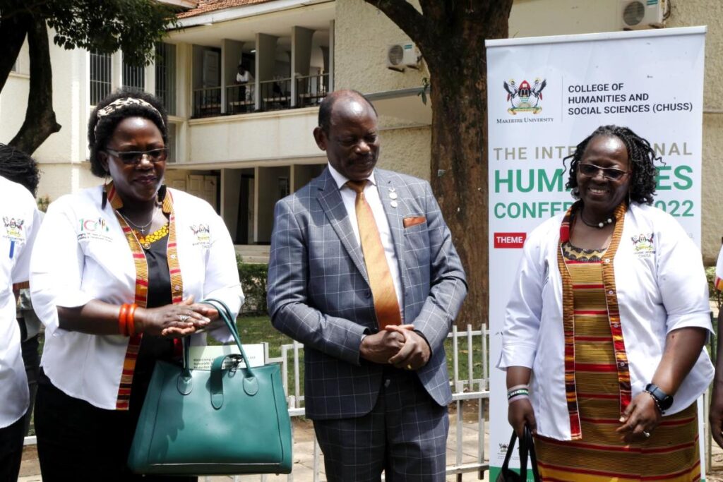 Prof. Barnabas Nawangwe (C) with Prof. Josephine Ahikire (L) and Prof. Grace Bantebya (R) during the tree planting ceremony in honour of gallant Alumnus Prof. Ngũgĩ wa Thiong'o in the Arts Quadrangle, CHUSS. 