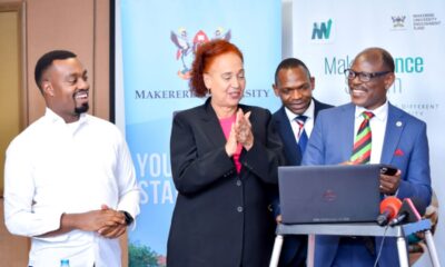 The Vice Chancellor-Prof. Barnabas Nawangwe (R) launches the #MakAdvance System as the DVCAA-Prof. Umar Kakumba (2nd R), MakEF Board Chairperson-Prof. Margaret J. Kigozi (2nd L) and System Development Team Lead-Joshua Muhumuza (L) witness on 2nd August 2022, Frank Kalimuzo Central Teaching Facility, Makerere University.
