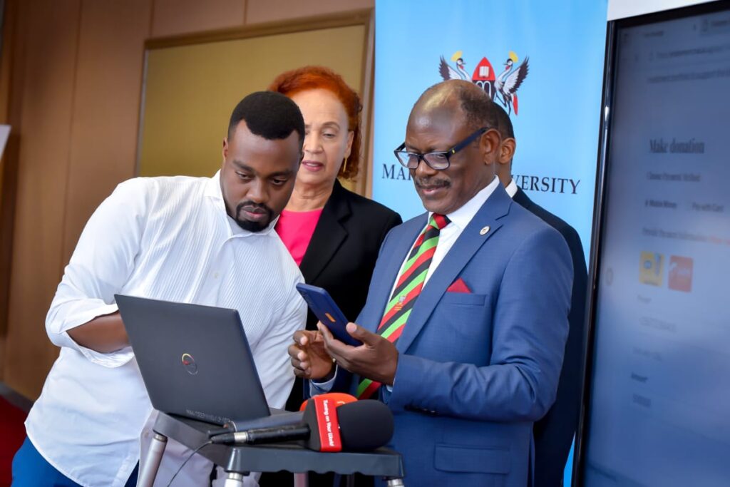 Prof. Nawangwe using the MakAdvance System to donate to the Makerere Endowment Fund during the launch