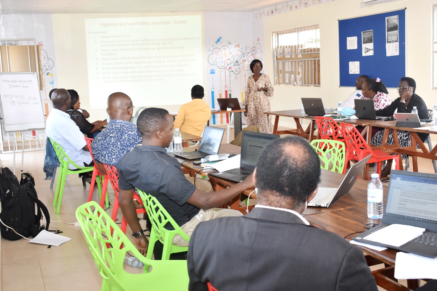 Stakeholders follow proceedings during the Makerere and PESCA-NARO/ARDC Kajjansi workshop held from 19th to 22nd July 2022 at MUZARDI. Researchers met to review and harmonize aquaculture training modules of the EU-supported project.