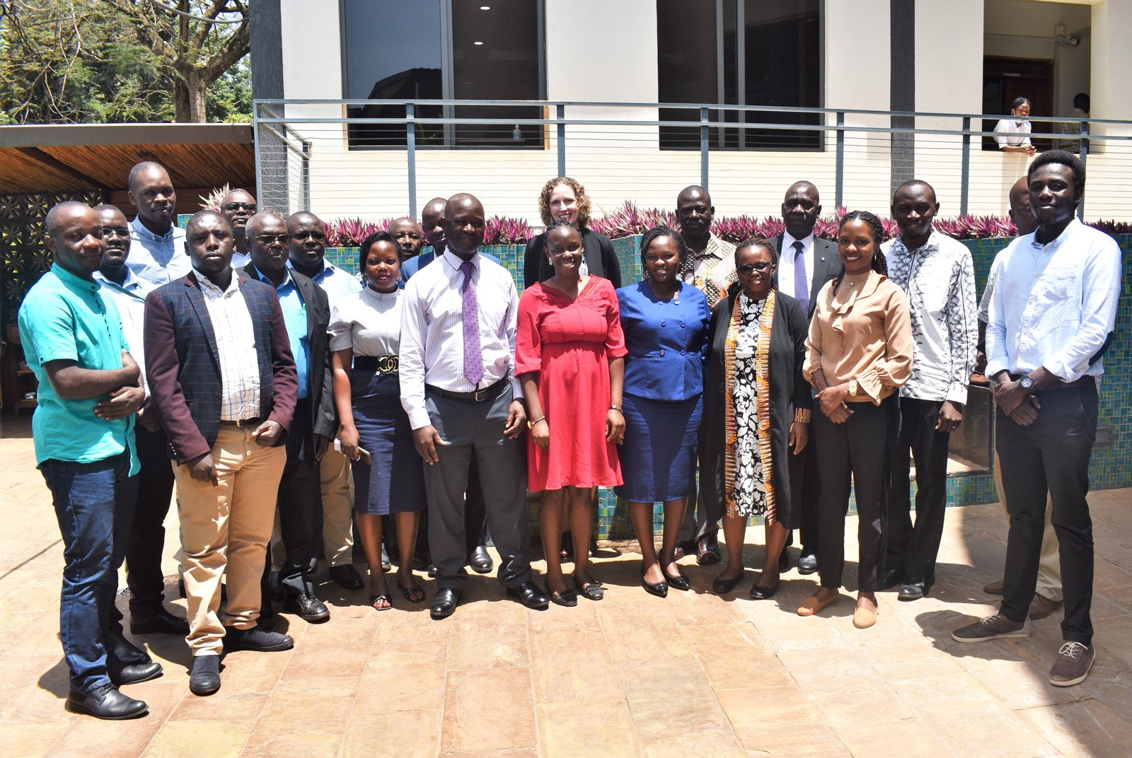 Participants in a group photo with the project team and the Deputy Principal of CAES, Prof. Yazhidi Bamutaze (5th L) on 24th August 2022, Kampala Uganda.