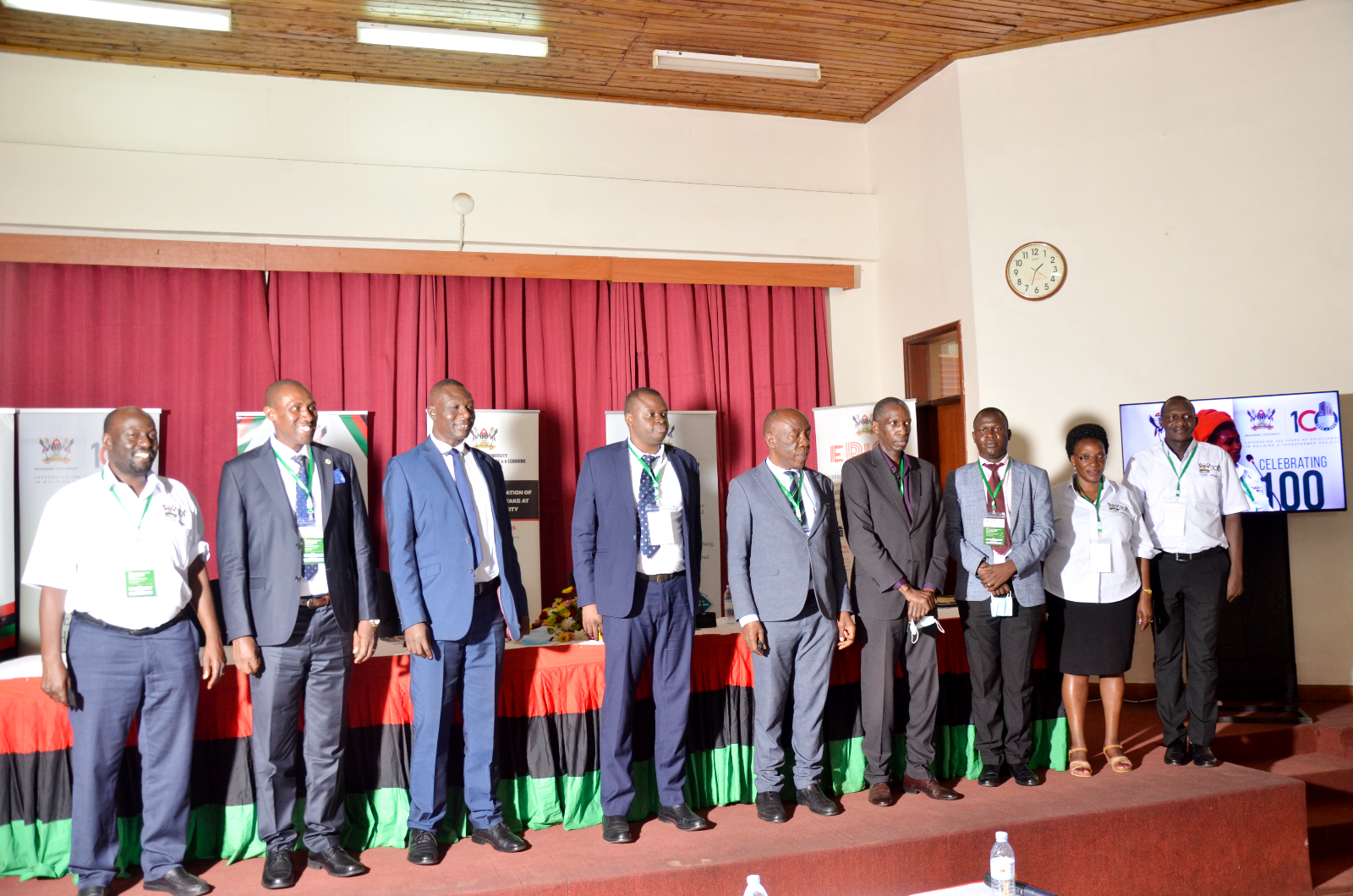 Prof. Henry Alinaitwe (5th L), Dr. Pius Achang (3rd L), Prof. Anthony Muwagga Mugagga (6th L), Mr. Arthur Mugisha (2nd L), Prof. Paul Birevu Muyinda (L) and other officials at the CEBL Project Dissemination Workshop, 29th September 2022, CEDAT Conference Hall, Makerere University.