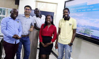 The team of IT experts that helped set up the Smart Classrom L-R: Baluku Herbert, Hassan Adeel, Badru Ssekumba, Claire Wessaali and Nicholas Betungye pose for a group photo after the successful test on 2nd September 2022, CoCIS, Makerere University.