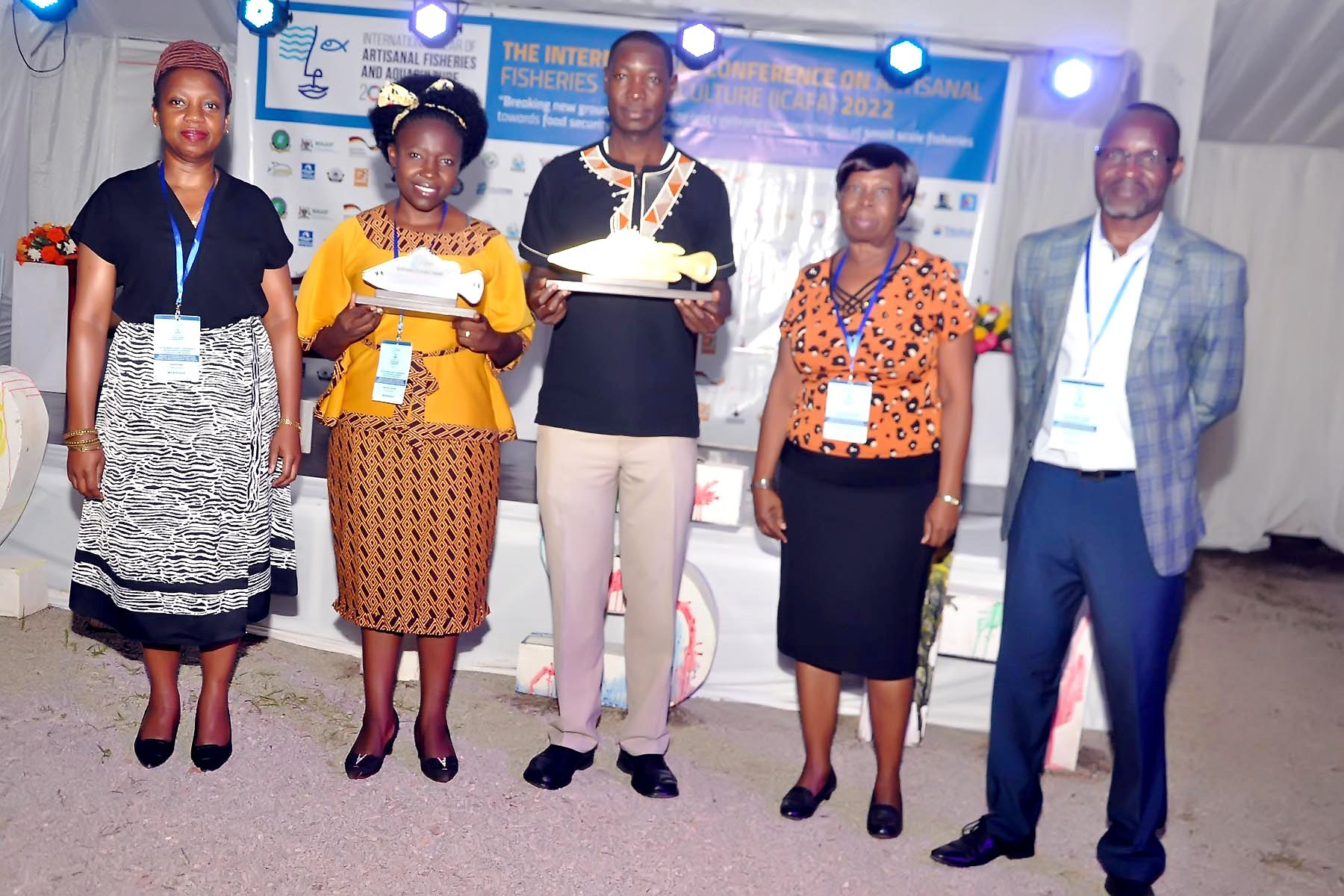 NutriFish team at the ICAFA conference held from 1st to 3rd September, 2022 in Jinja, Uganda. L-R: Dr. Winnie Nkalubo, PhD Students Julliet Nafula Ogubi and Herbert Nakiyende, Dr. Margaret Masette and Dr. Jackson Efitre (NutriFish PI).