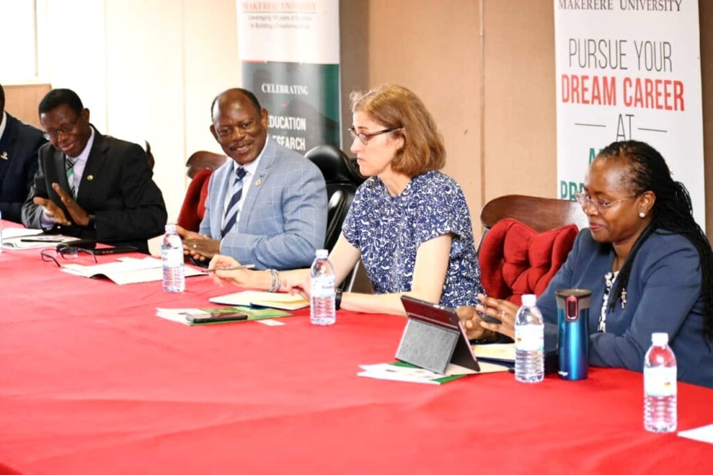 L-R: Prof. Buyinza Mukadasi, Prof. Barnabas Nawangwe, Ms. Claudia Frittelli and Prof. Sarah Ssali during the meeting with Top Management.