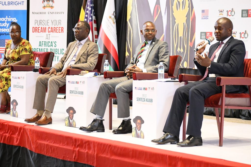 The Moderator-Dr. Euzobia Baine Mugisha (L) and Panelists (L-R): Dr. James Nkata, Prof. Umar Kakumba and Dr. Cosmas Mwikirize. 