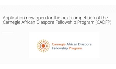 Screenshot: Application now open for the next competition of the Carnegie African Diaspora Fellowship Program (CADFP). Deadline: September 30, 2022 at 11:59 PM EST.