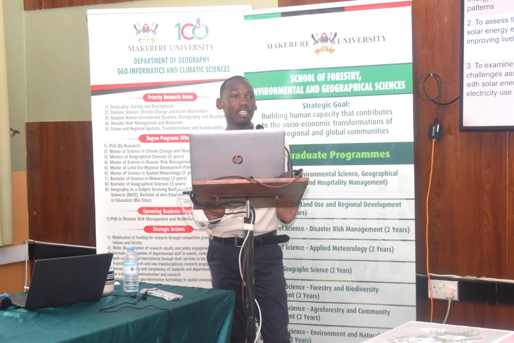 Mr. Patrick Kayima is conducting research on the effect of hybrid solar energy electrification on people’s livelihoods on Bugala Island in Kalangala District.