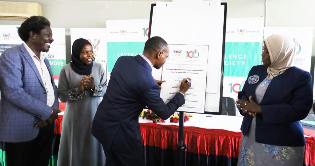 L-R: Prof Patrick Mangeni, Dr. Aisha Nakiwala and Dr. Saudah Nayalo witness as Prof. Umar Kakumba (2nd Right) launches the programs.