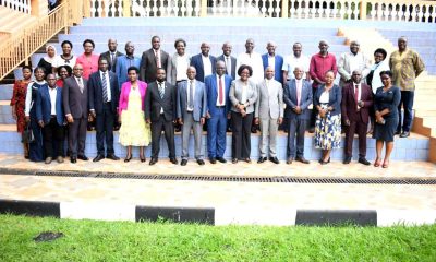(Front Row) Vice Chancellor Prof. Barnabas Nawangwe (4th Right), Patron Prof. Umar Kakumba (5th Right) and Chairperson Mak Dean's Forum (MUDF) Prof. Rhoda Wanyenze (6th Right) in a group photo with Directors and Deans at workshop held on 29th September 2022 at Hotel Africana.