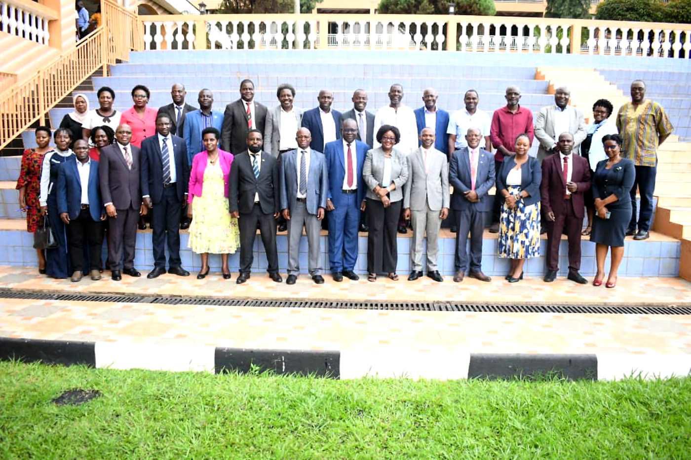 (Front Row) Vice Chancellor Prof. Barnabas Nawangwe (4th Right), Patron Prof. Umar Kakumba (5th Right) and Chairperson Mak Dean's Forum (MUDF) Prof. Rhoda Wanyenze (6th Right) in a group photo with Directors and Deans at workshop held on 29th September 2022 at Hotel Africana.