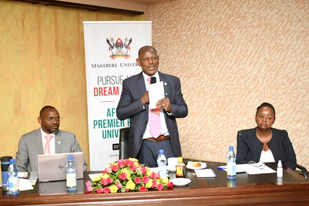 Prof. Barnabas Nawangwe (Centre) flanked by DVCAA, Prof. Umar Kakumba (Left) and Dean, School of Engineering, Prof. Dorothy Okello (Right) responds to questions arising out of his presentation.