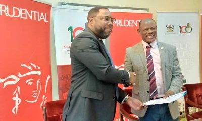 The Vice Chancellor, Prof. Barnabas Nwangwe (Right) shakes hands with Mr. Tetteh Ayitevie, the CEO of Prudential Assurance after the MoU signing on 21st October 2022 at Makerere University.