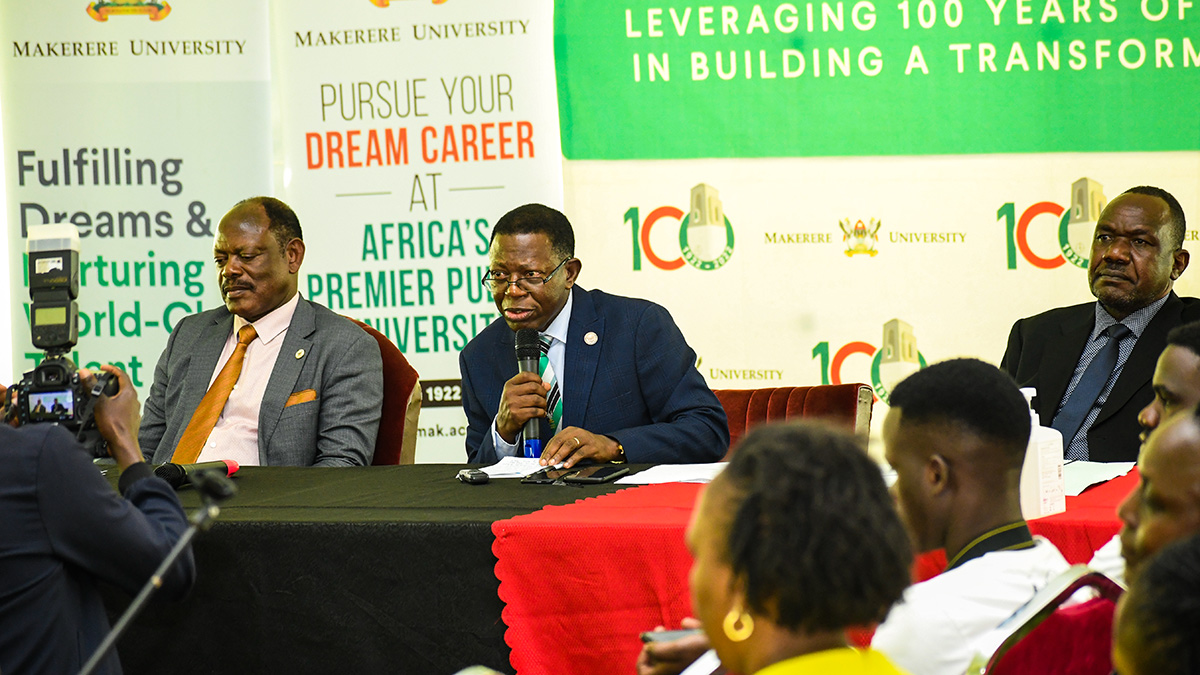 Left to Right: The Vice Chancellor, Prof. Barnabas Nawangwe, Academic Registrar Prof. Buyinza Mukadasi and Deputy Registrar Mr. Otim Lynd Tom address the Press Conference ahead of the two-weeek Public Fair on Academic Transcripts and Certificates on 8th November 2022 at the Freedom Square, Makerere University.