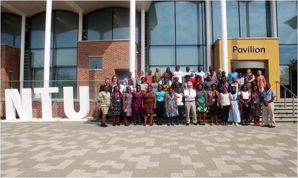 Makerere University Erasmus + mobility students and staff pose for a photo with NTU Pro Vice Chancellor International, Professor Cillian Ryan (in white shirt) at the Connecting Globally Conference in Nottingham.