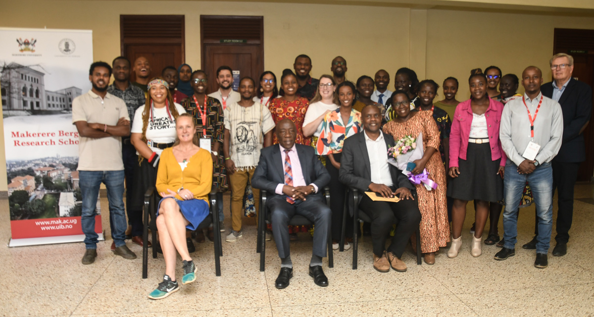 Seated L-R: Prof. Inger Måren, Prof. Henry Alinaitwe and Dr. Ronald Semyalo with facilitators and participants at the close of the MBRS on 8th December 2022, Frank Kalimuzo Central Teaching Facility, Makerere University.