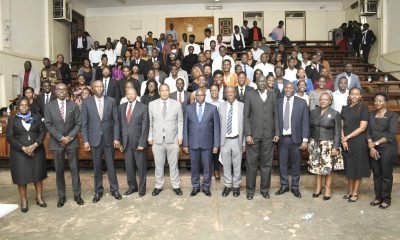 The High Level Delegation from East African Court of Justice (EACJ) poses for a group photo with the DVCFA-Prof. Henry Alinaitwe (6th L), Ag. Principal-Assoc. Prof. Ronald Naluwairo (4th L), Staff and Students at the School of Law on 30th November 2022.