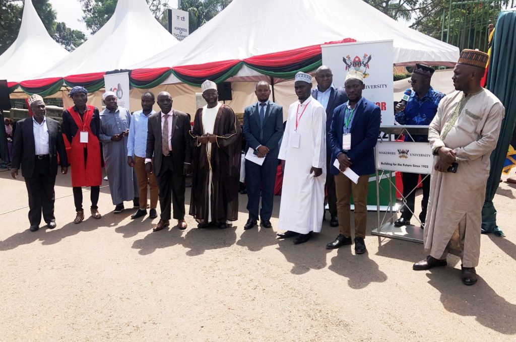 The Patron MUMSA Dr. Muhammad Kiggundu Musoke (2nd Right) introduces Former and Current Chairmen of MUMSA who included Hon. Al Hajji Latif Ssebagala (Right) and former Imaam Sheik Ahmed Ssentongo (6th Left).