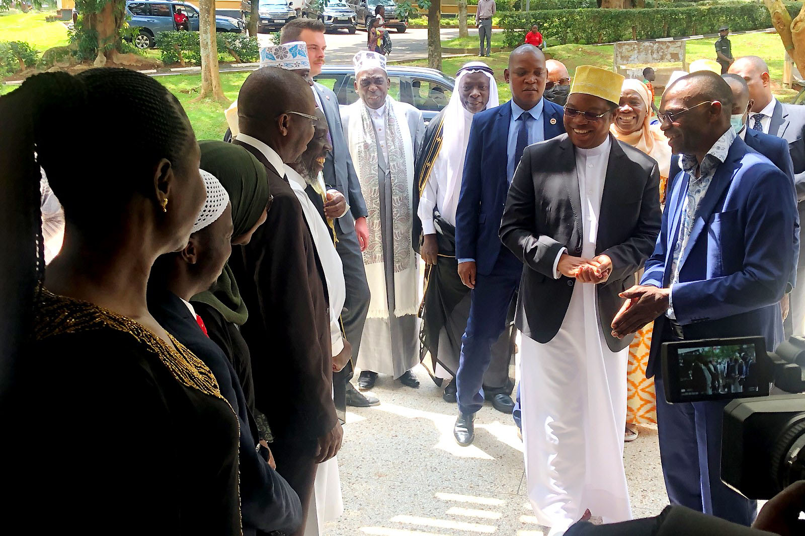 The Tanzanian Prime Minister-Rt. Hon. Kassim Majaliwa Majaliwa (2nd Right) is received upon arrival at Makerere University to preside over the Islam@75 and MUMSA@50 celebrations by the Acting Vice Chancellor-Prof. Umar Kakumba (Right) and other officials on 17th December 2022.