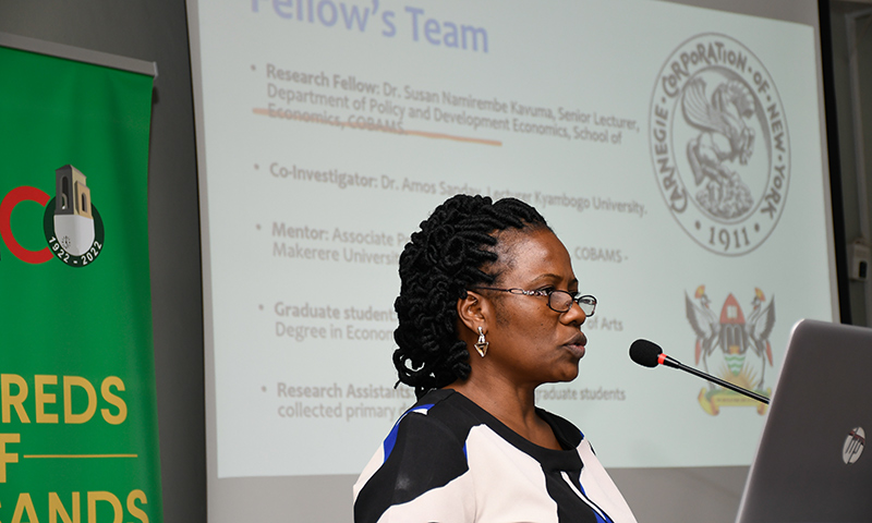 Dr. Kavuma Namirembe Susan from the Department of Policy and Development Economics, College of Business and Management Sciences (CoBAMS) presents her findings on the evaluation of Spatial Connectivity and Firm Productivity.