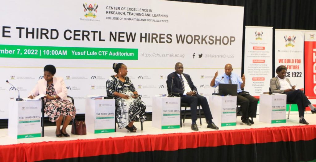 Panelists Mrs. Florence Mushegyezi, Dr. Euzobia Baine, Dr. Cyprian Misinde, Mr. Julius Lebo representing the Acting Director Human Resources and Prof. Patrick Mangeni representing CHUSS Deputy Principal.