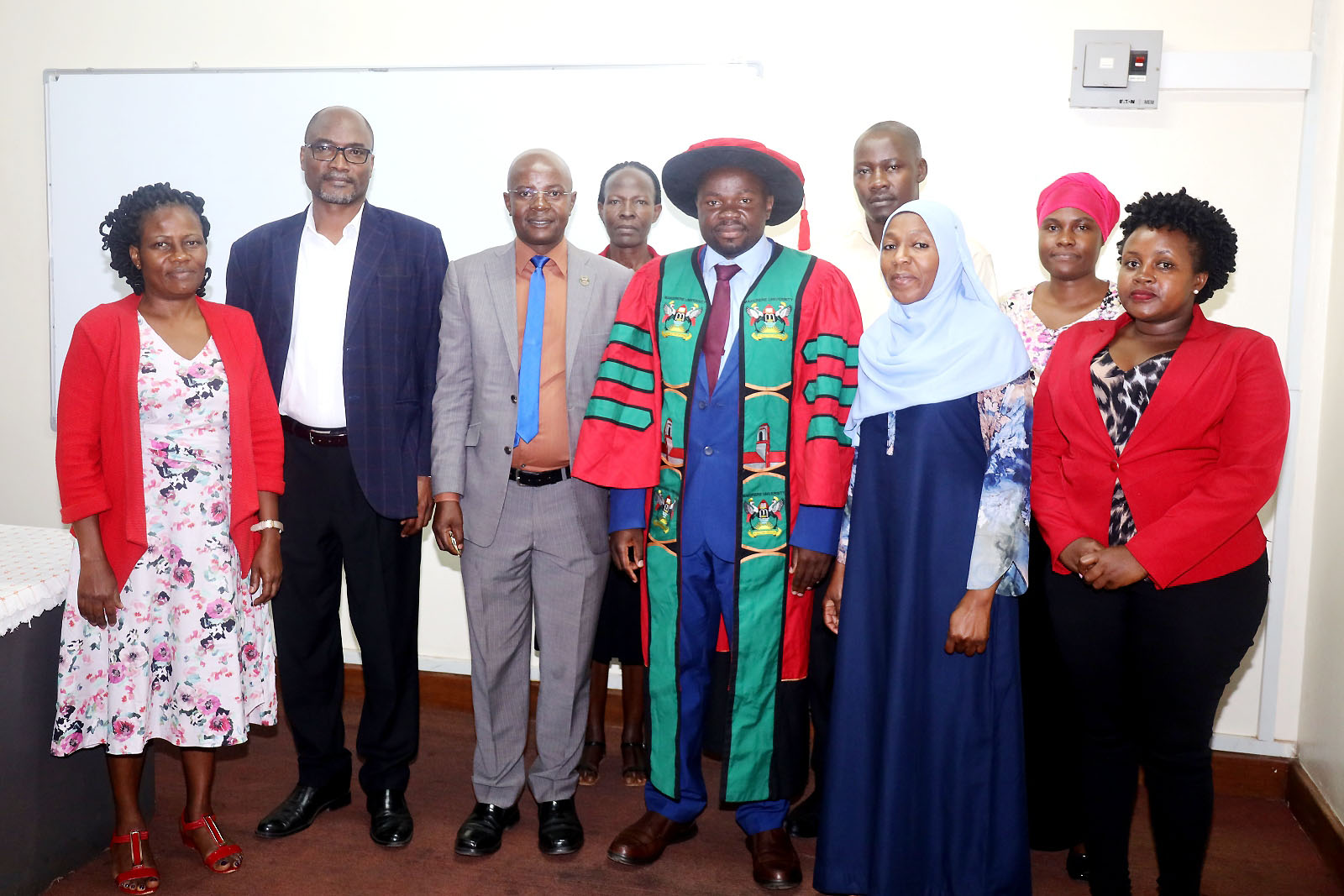 Front Row: Deputy Principal CoBAMS-Prof. Bruno Yawe (2nd L), Prof. Edward Bbaale (3rd L) and Prof. Ibrahim Okumu Mike (4th L) with staff from CoBAMS, the Human Resources Directorate and Internal Audit at the handover ceremony on 16th January 2023 at Makerere University.