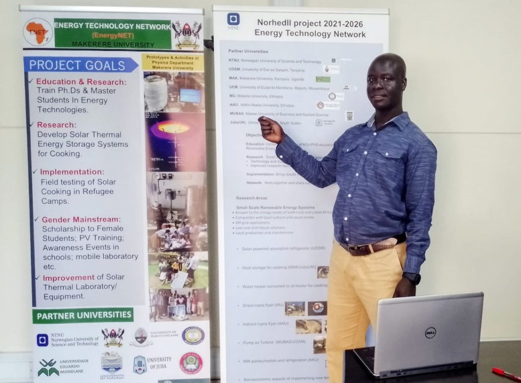 Mr. Jimmy Chaciga, a PhD student funded by the Energy Technology Network (EnergyNET) Project at Makerere University presented his research work and findings at the workshop. His research topic is: Development of Thermal Energy Technology for Off-grid Cooking Applications.
