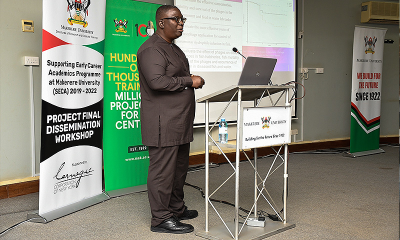 Dr. Andrew Tamale from the Department of Wildlife and Aquatic Animal Resources, College of Veterinary Medicine, Animal Resources and Biosecurity (CoVAB) presents his findings on Management of Bacterial Diseases in Fish Hatcheries.