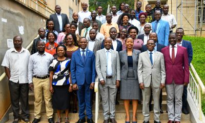 Front Row: DVCAA-Prof. Umar Kakumba (4th L), Director DRGT-Prof. Edward Bbaale (4th R), Academic Registrar-Prof. Buyinza Mukadasi (2nd R) and Prof. Julius Kikooma (R) with Early-Career fellows and participants at the SECA Project Final Dissemination Workshop on 12th January 2022, Makerere University.