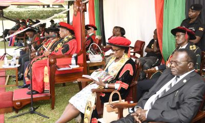 Right to Left: The Chief Justice-Hon. Justice Alfonse Owiny-Dollo, Chairperson of Council-Mrs. Lorna Magara, Chancellor-Prof. Ezra Suruma, Vice Chancellor-Prof. Barnabas Nawangwe, DVCAA-Prof. Umar Kakumba, DVCFA-Prof. Henry Alinaitwe and other dignitaries on Day 1 of the 73rd Graduation Ceremony, Freedom Square, Makerere University.