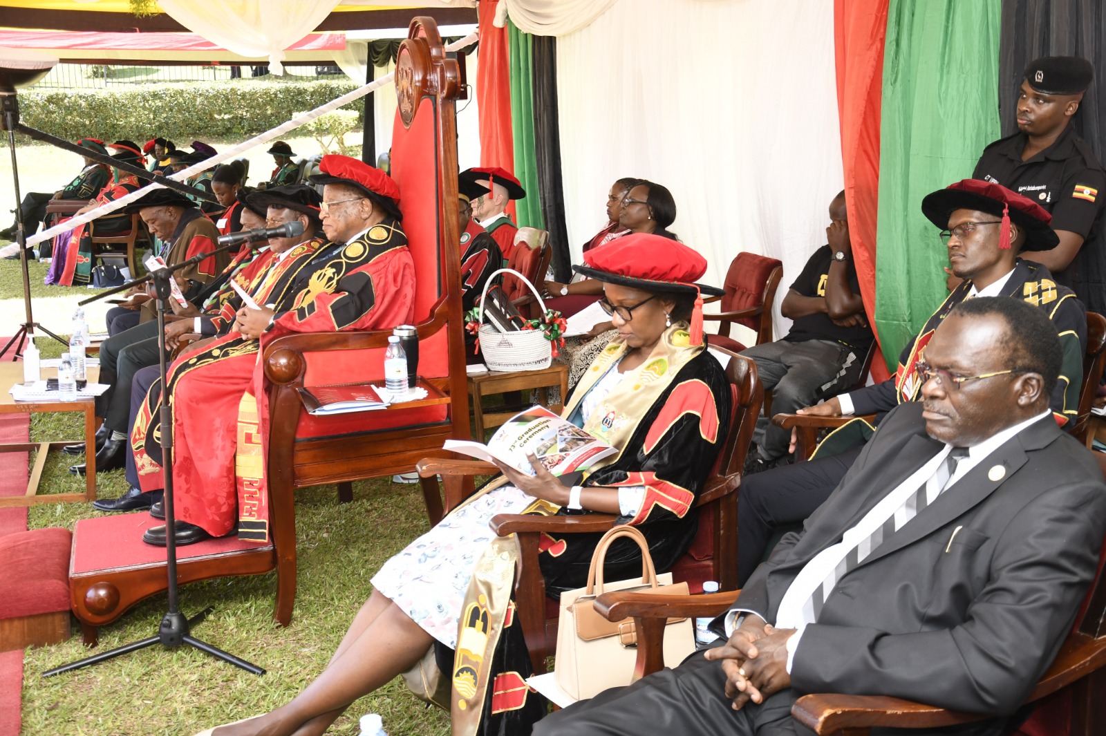 Right to Left: The Chief Justice-Hon. Justice Alfonse Owiny-Dollo, Chairperson of Council-Mrs. Lorna Magara, Chancellor-Prof. Ezra Suruma, Vice Chancellor-Prof. Barnabas Nawangwe, DVCAA-Prof. Umar Kakumba, DVCFA-Prof. Henry Alinaitwe and other dignitaries on Day 1 of the 73rd Graduation Ceremony, Freedom Square, Makerere University.