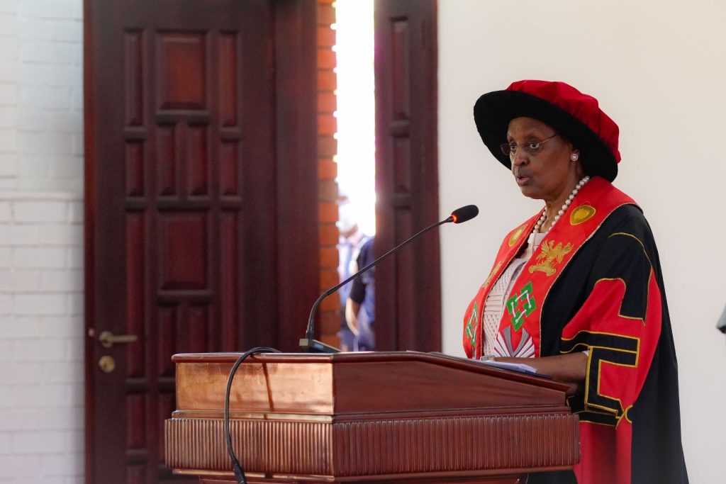 The First Lady and Minister of Education and Sports, Hon. Janet Kataaha Museveni challenged the incoming members of Council and the University Management to work out plans for equipping students with skills to fight moral decadency in society. Photo credit: Twitter/@JanetMuseveni