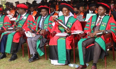 Some of the PhD Graduands from CEES pose with their awards after conferment on Day 2 of the 73rd Graduation Ceremony on 14th February 2023. Freedom Square, Makerere University, Kampala Uganda. East Africa.