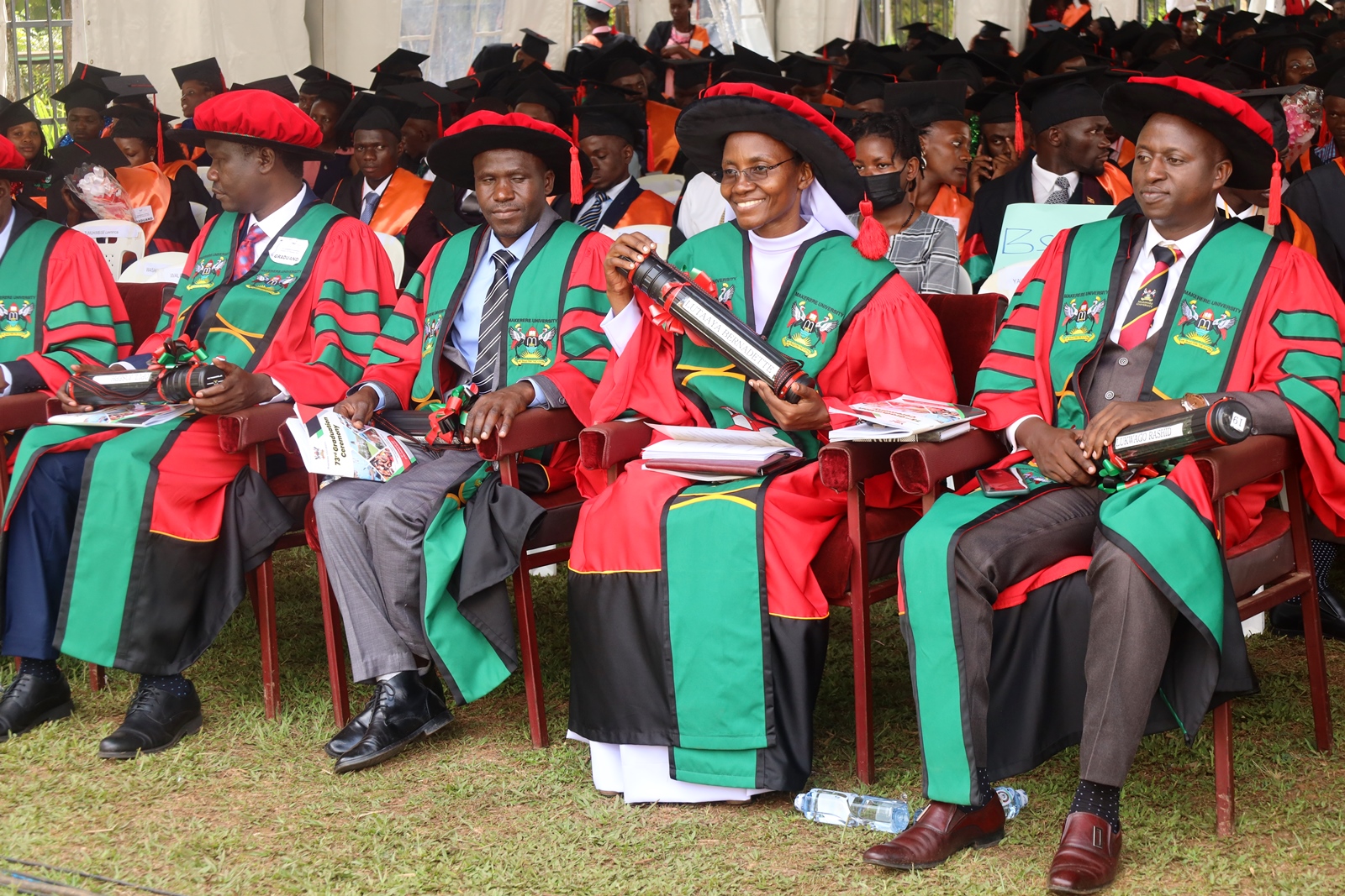 Some of the PhD Graduands from CEES pose with their awards after conferment on Day 2 of the 73rd Graduation Ceremony on 14th February 2023. Freedom Square, Makerere University, Kampala Uganda. East Africa.