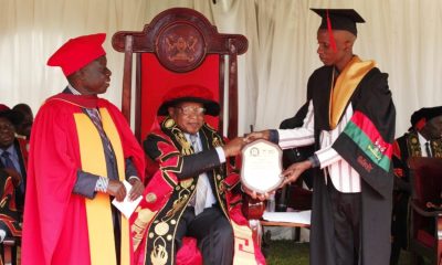 Sanga Arnold Lukoda from CoCIS who emerged the overall best science student for the Mak 73rd Graduation ceremony with a CGPA of 4.85 out of 5.0 receiving a plaque from the Chancellor Prof. Ezra Suruma on Day 3 of the 73rd Graduation Ceremony, 15th February 2023.