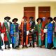 The Principal-Prof. Frank Norbert Mwiine (4th L) and CoVAB Leadership at the Central Teaching Facility in preparation for the Academic procession on 15th February 2023.