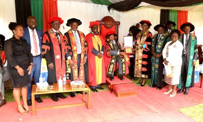 The Chancellor-Prof. Ezra Suruma receives his Convocation Award from the Chairperson Council-Mrs. Lorna Magara (4th R) as MUBS Chair Council-Eng. Isaac Mubarak Ngobya (3rd R), Vice Chancellor-Prof. Barnabas Nawangwe (4th L), Principal MUBS-Prof. Waswa Balunywa (3rd L), Deputy Principal MUBS-Prof. Moses Muhwezi (R), Chair Convocation-Dr. Tanga Odoi (5th L), Vice Chair Convocation-Mrs. Diana Hope-Nyago (2nd L) and others witness on 16th February 2023.
