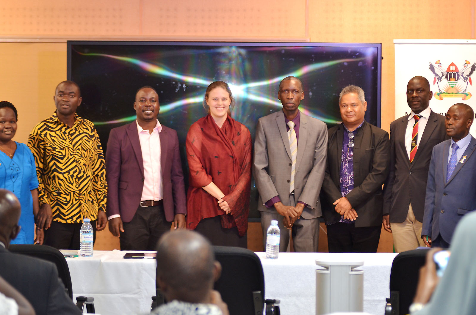 Principal CEES-Prof. Anthony Muwagga Mugagga (4th R), Deputy Director DRGT-Prof. Julius Kikooma (2nd R), Dr. Jude Ssempebwa (2nd L) and other officials pose for a group photo with Prof. André Keet (3rd R) after the Public Lecture on 27th January 2023 in the Multimedia/E-learning Centre, Frank Kalimuzo Central Teaching Facility, Makerere University.