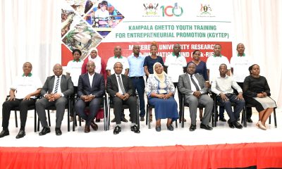 Hon. Hajjat Minsa Kabanda (4th R), Prof. Eria Hisali (4th L), Prof. Masagazi Masaazi (3rd R), Prof. Ronald Bisaso (2nd L) and Dr. Badru Musisi (L) pose for a group photo with other officials at the KGYTEP launch held on 31st January 2023 in the Yusuf Lule Auditorium, Makerere University.