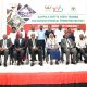 Hon. Hajjat Minsa Kabanda (4th R), Prof. Eria Hisali (4th L), Prof. Masagazi Masaazi (3rd R), Prof. Ronald Bisaso (2nd L) and Dr. Badru Musisi (L) pose for a group photo with other officials at the KGYTEP launch held on 31st January 2023 in the Yusuf Lule Auditorium, Makerere University.