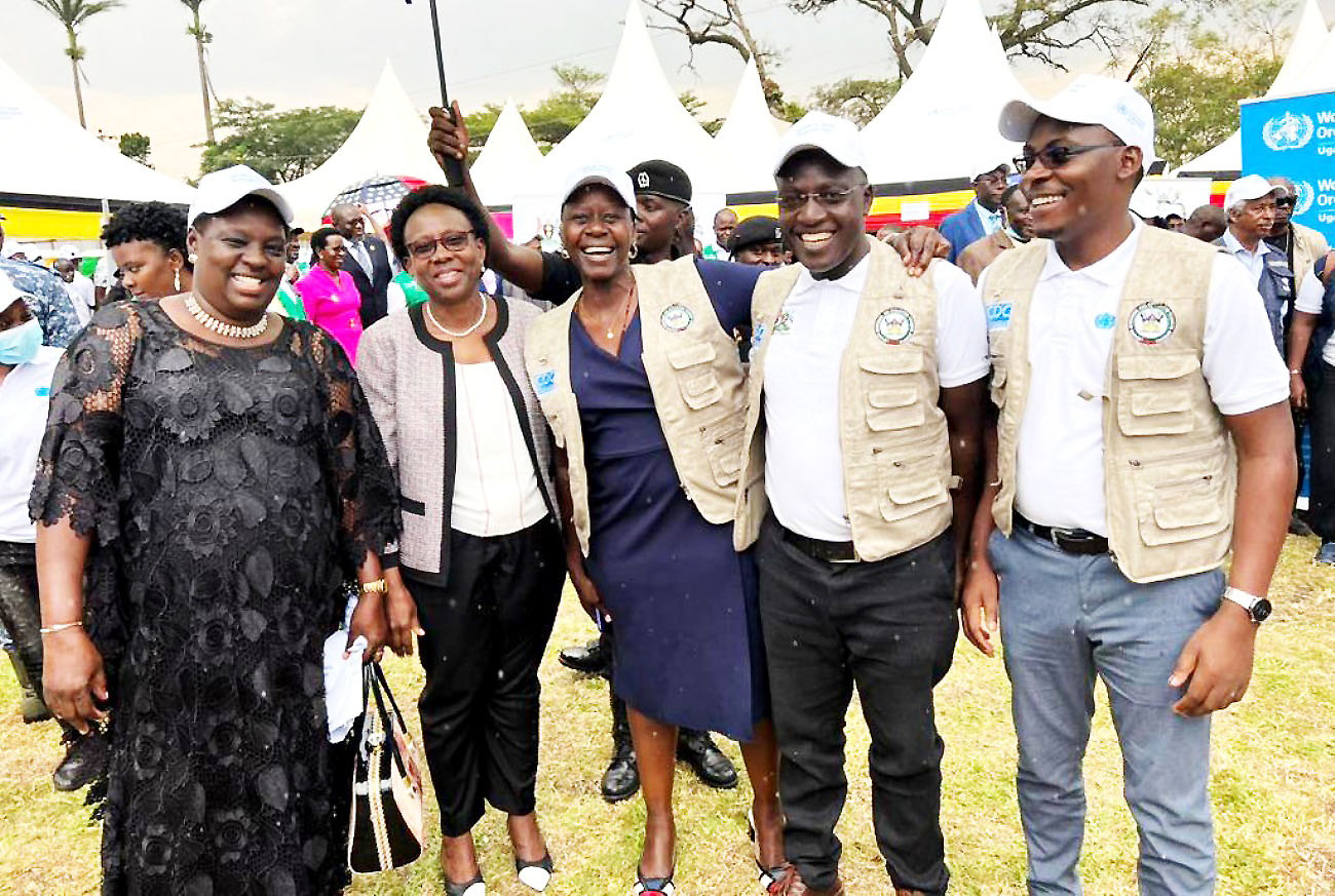 The METS delegation led by Evelyn Akello (C) shares a light moment with the Minister of Health Hon. Dr. Jane Ruth Aceng (2nd L) and RDC Mubende, Rosemary Byabasaija (L) after Uganda was declared Ebola free on 11th January 2023. Photo: METS.