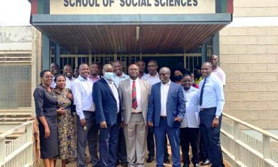The outgoing Dean, Prof. Andrew Ellias State (4th L), Deputy Principal CHUSS, Dr. Eric Awich (4th R) and Incoming Dean Dr. Justus Twesigye (3rd R) pose for a group photo after the hand over on 1st December 2022 at the School of Social Sciences, College of Humanities and Social Sciences (CHUSS), Makerere University.