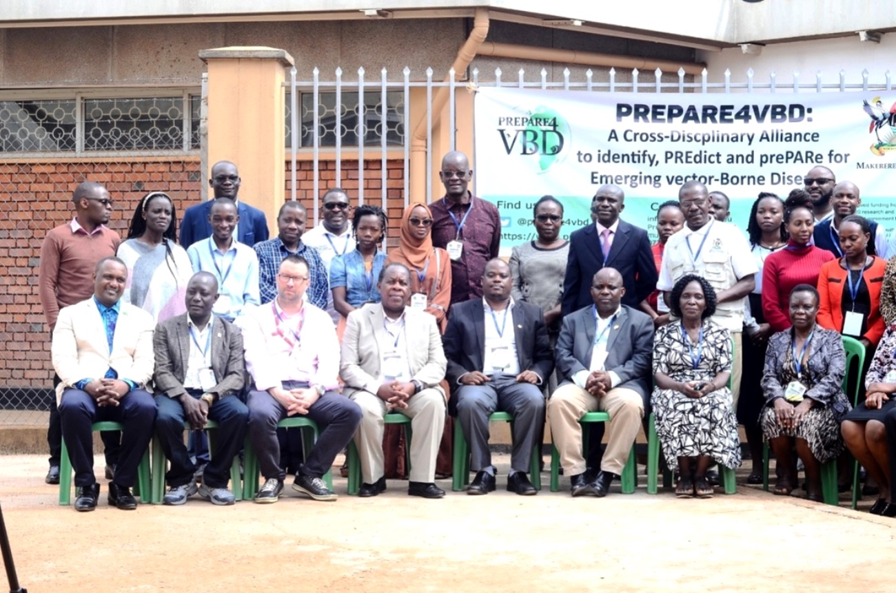 Participants and the Project team at the PREPARE4VBDS Stakeholders' Engagement Workshop, 27th February, 2023 at the Centre for Biosecurity and Global Health, Makerere University. Prof. Lawrence Mugisha, PI from Makerere (5th from right side).