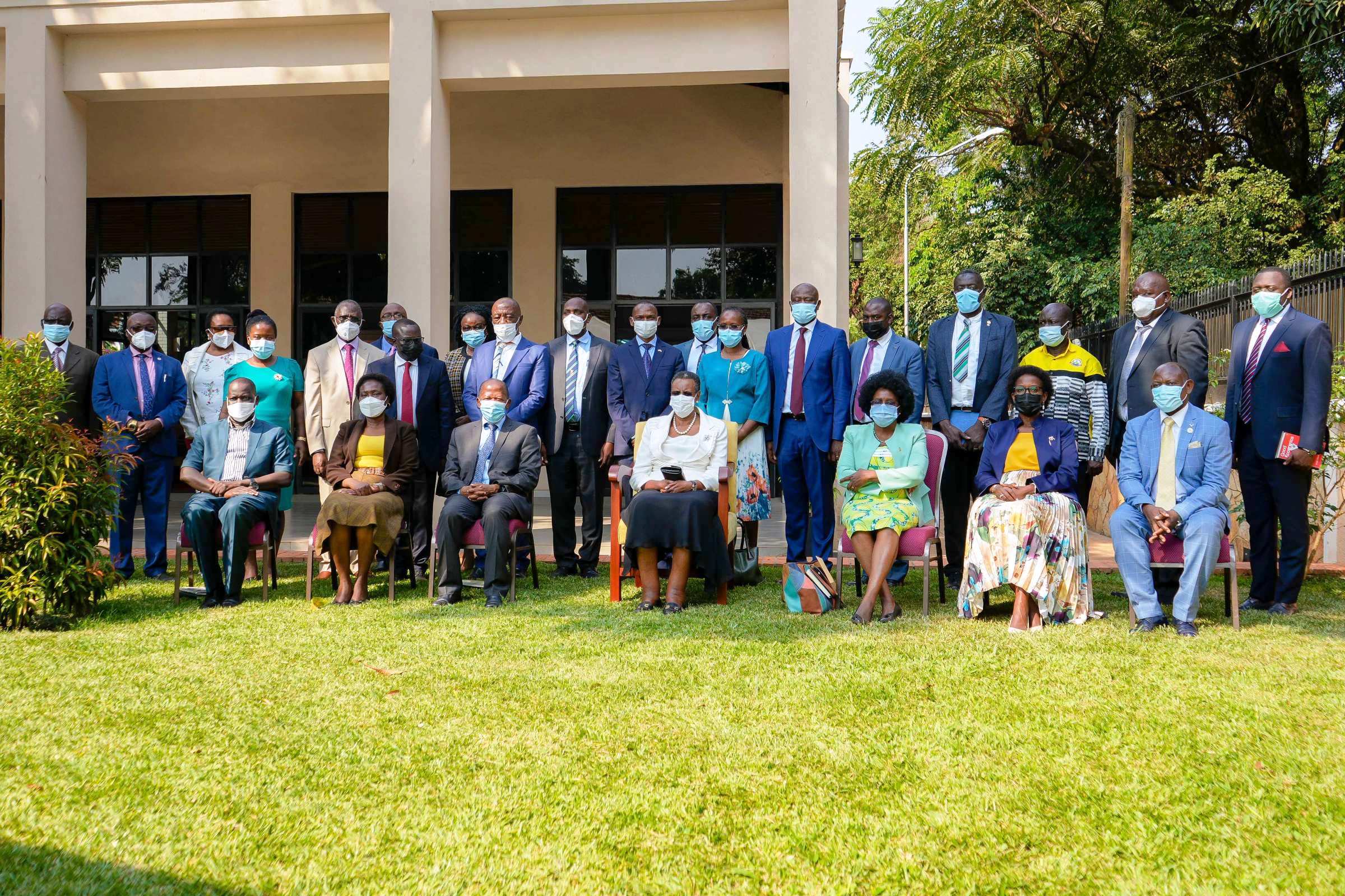 Hon. Janet Kataaha Museveni (Centre), Hon. Monica Musenero (3rd Right), Ms. Ketty Lamaro (2nd Left) and Hon. John Chrysestom Muyingo with the members of the New Makerere University Council on 2nd February 2023 at State House Nakasero, Kampala.